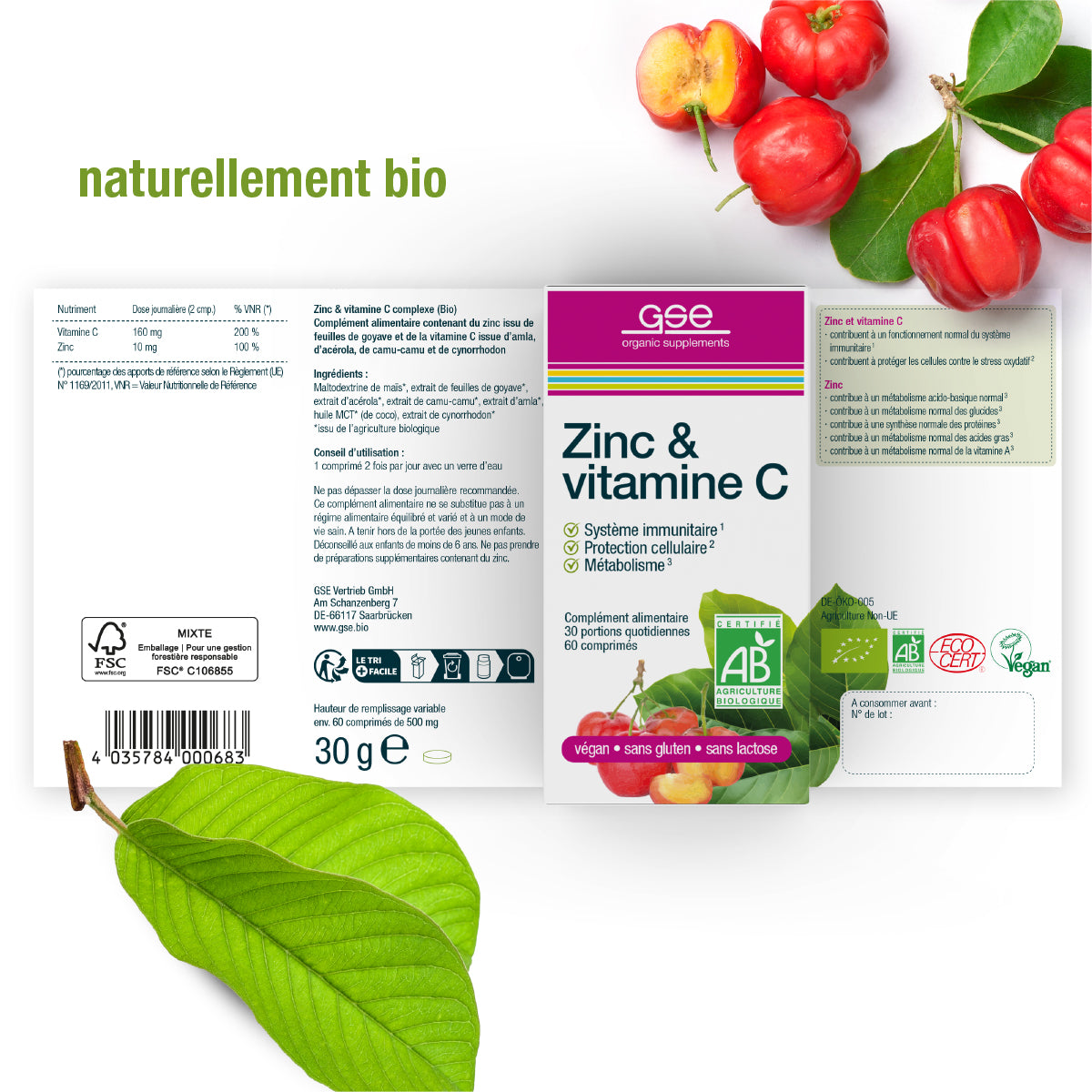 Schachtel "Zink & Vitamin C (Bio) FR" von gse.organic.supplements, dargestellt auf einer französischen Verpackung mit Acerolakirschen und grünen Blättern. Vegan und Bio-zertifiziert.