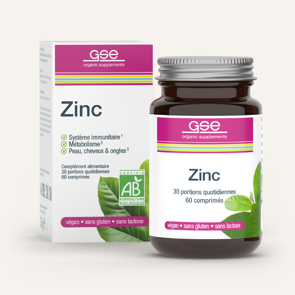 Eine Flasche und Schachtel gse.organic.supplements Zink Compact (Bio) FR, mit natürlichem Zink für Immunsystem, Stoffwechsel, Haut, Haare und Nägel; vegan, glutenfrei, laktosefrei und biozertifiziert verpackt.