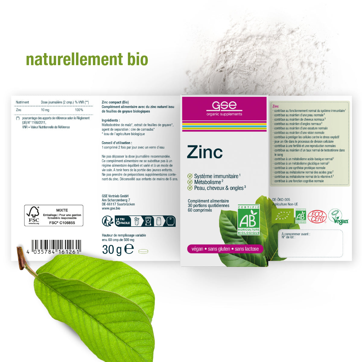 Ein Produktetikett für gse.organic.supplements Zink Compact (Bio) FR, mit grünen Blättern, weißem Pulver, Symbolen für veganes Zink, glutenfrei, laktosefrei, zur Unterstützung des Immunsystems, Bio-Zertifizierungen und französischen Angaben zu den Inhaltsstoffen.