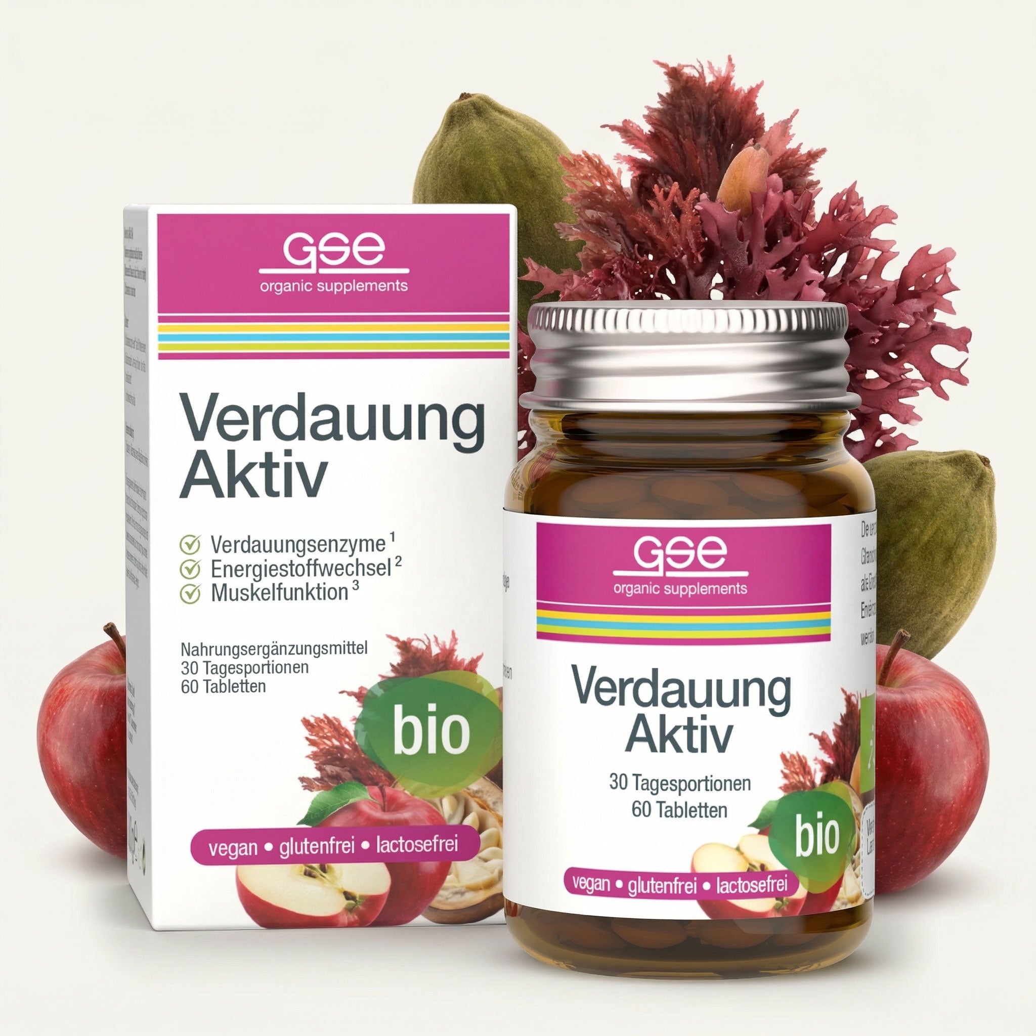 Eine Schachtel und eine Flasche des Nahrungsergänzungsmittels GSE Verdauung Aktiv werden mit Obst- und Blumendekorationen präsentiert. Die Verpackung hebt hervor, dass das Produkt vegan, glutenfrei, laktosefrei und als "Bio" gekennzeichnet ist.