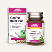 Eine Flasche und eine Packung „Confort menstruel (bio)“ von gse organic supplements, eine Rezeptur aus Lavendel, Süßholzwurzel und Minzblättern, die den Hormonhaushalt und das allgemeine Wohlbefinden während des gesamten weiblichen Zyklus unterstützt und gleichzeitig zur Verringerung von Müdigkeit sowie zur Förderung des seelischen Gleichgewichts beiträgt.