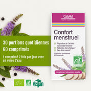 Eine Packung der Bio-Nahrungsergänzungsmittel „Confort menstruel“ (Bio) von gse ist mit Kräuterillustrationen verziert und enthält 30 Tagesportionen (60 Tabletten). Sie verfügt über Zertifizierungen als veganes und biologisches Produkt sowie eine Anleitung zur täglichen Einnahme. Dieses Nahrungsergänzungsmittel wurde speziell zur Unterstützung des Hormonhaushalts und des weiblichen Zyklus entwickelt und sorgt während des gesamten Menstruationszyklus für sanfte Linderung.