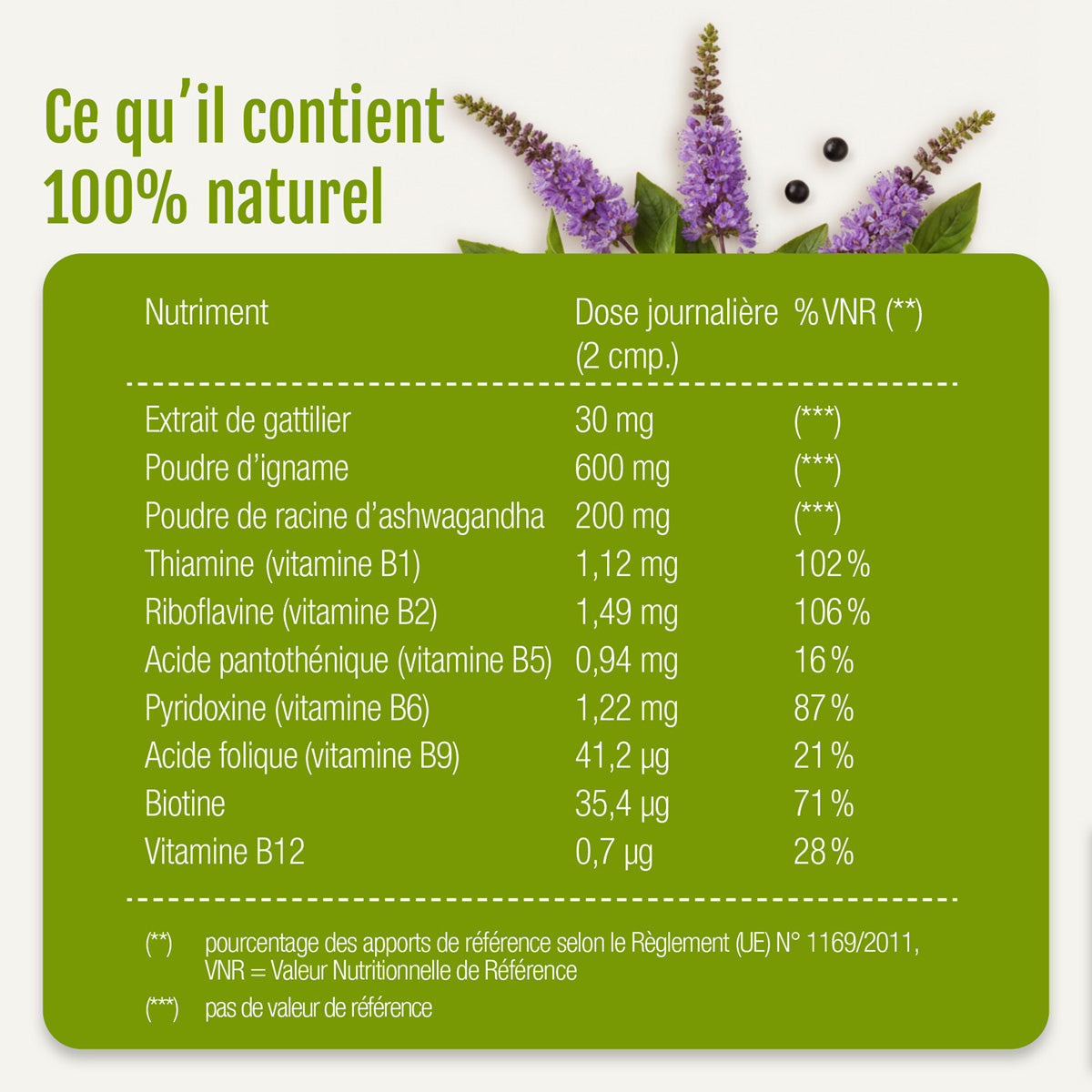 Inhaltsstofftabelle für „Confort menstruel (bio)“ von gse organic supplements, ein 100 % natürliches Nahrungsergänzungsmittel, ideal für das Wohlbefinden während der Menstruation und den Hormonhaushalt (Hormonal Balance), mit den Tagesdosen und den Prozentsätzen der Nährstoffreferenzwerte (VNR); Gestaltung mit violetten Blumen und Blättern im oberen Bereich, Text auf weißem und grünem Hintergrund.