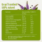 Inhaltsstofftabelle für „Confort menstruel (bio)“ von gse organic supplements, ein 100 % natürliches Nahrungsergänzungsmittel, ideal für das Wohlbefinden während der Menstruation und den Hormonhaushalt (Hormonal Balance), mit den Tagesdosen und den Prozentsätzen der Nährstoffreferenzwerte (VNR); Gestaltung mit violetten Blumen und Blättern im oberen Bereich, Text auf weißem und grünem Hintergrund.