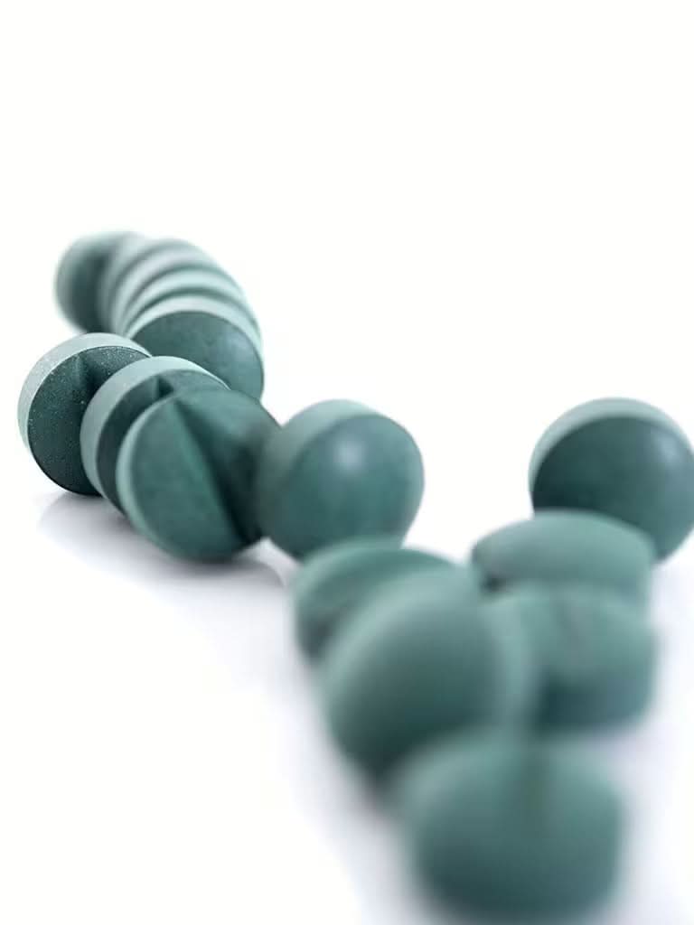 Mehrere runde, dunkelgrüne AFA-Alge (Bio)-Tabletten von gse.organic.supplements sind auf einer weißen Fläche verstreut, wobei die nächstgelegenen Tabletten unscharf und die weiter entfernten schärfer dargestellt sind.