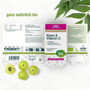 Produktetikett für Eisen & Vitamin C Complex (Bio) von gse.organic.supplements mit Bio-, Vegan-, Glutenfrei-, Laktosefrei-Symbolen, Amla-Früchten und -Blättern und deutschem Text auf weißem Hintergrund.